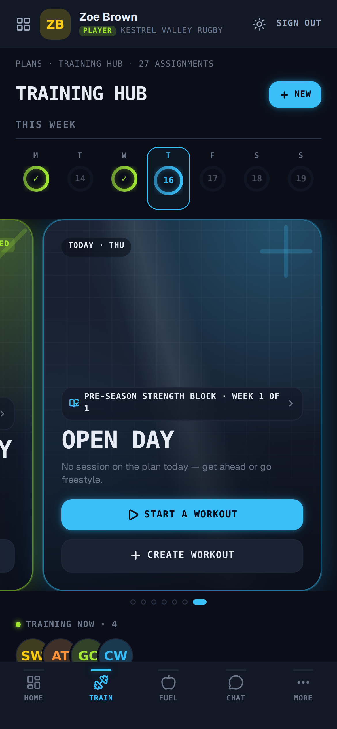 Trajectory athlete Train tab: this week's sessions dealt as hero cards