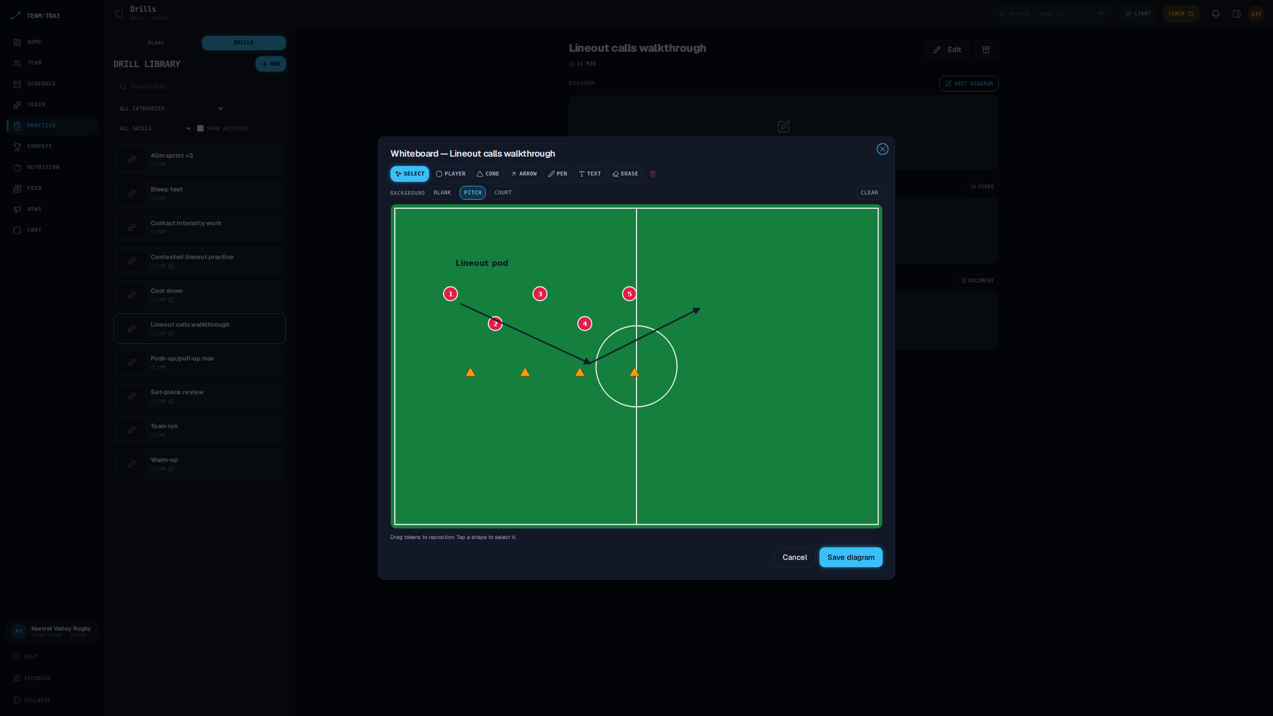 Coach's tactical whiteboard: players, cones, and arrows diagrammed on a drill